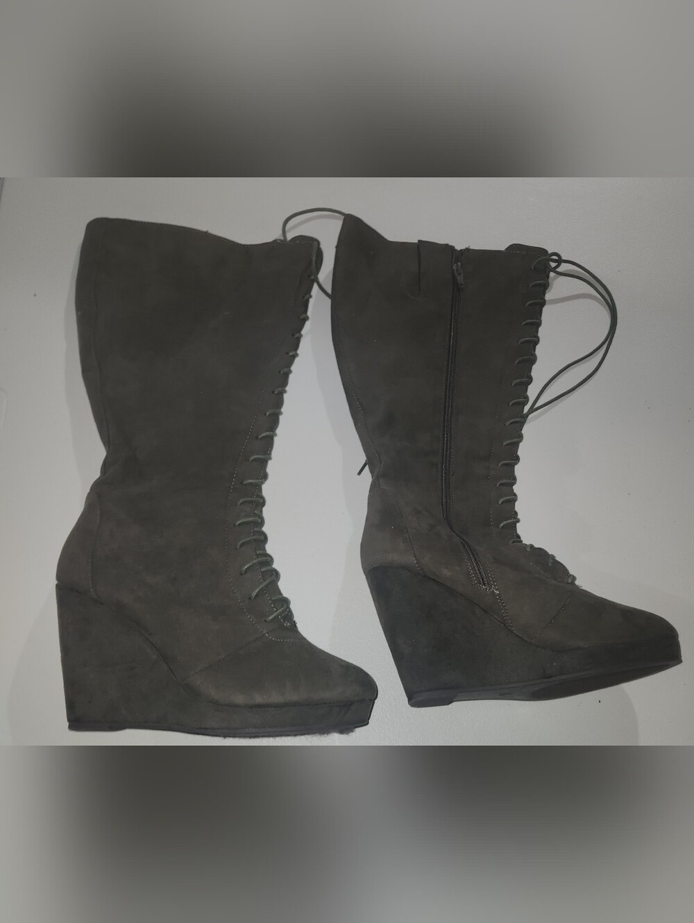 Cato Olive Green Knee High Faux Suede Boots Lace Up Side Zip Size 8.5